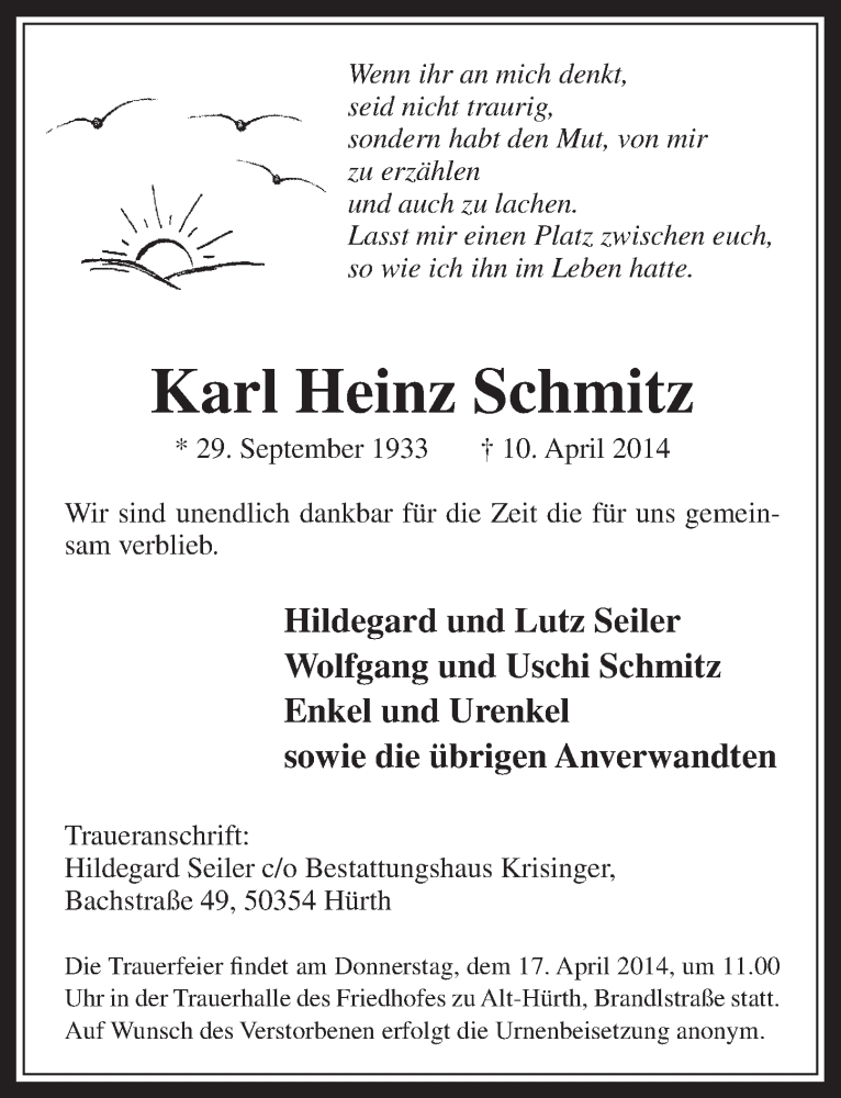  Traueranzeige für Karl-Heinz Schmitz vom 16.04.2014 aus  Wochenende 