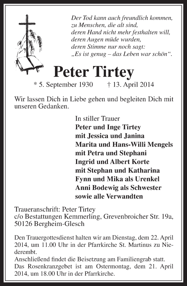  Traueranzeige für Peter Tirtey vom 16.04.2014 aus  Werbepost 