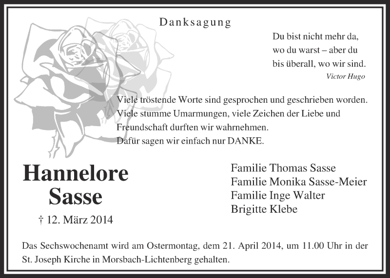 Traueranzeige für Hannelore Sasse vom 16.04.2014 aus  Lokalanzeiger 
