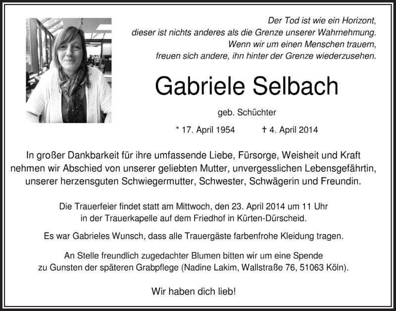  Traueranzeige für Gabriele Selbach vom 16.04.2014 aus  Bergisches Handelsblatt 
