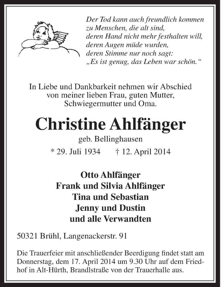  Traueranzeige für Christine Ahlfänger vom 16.04.2014 aus  Schlossbote/Werbekurier 