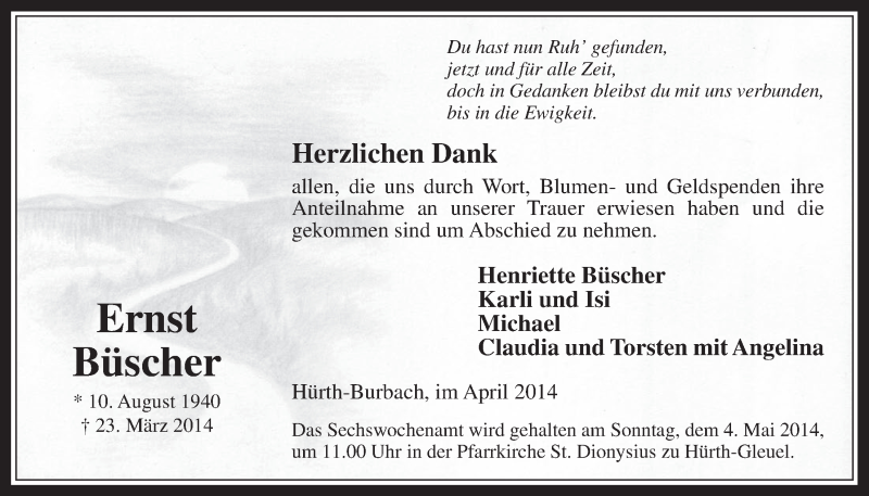  Traueranzeige für Ernst Büscher vom 16.04.2014 aus  Wochenende 