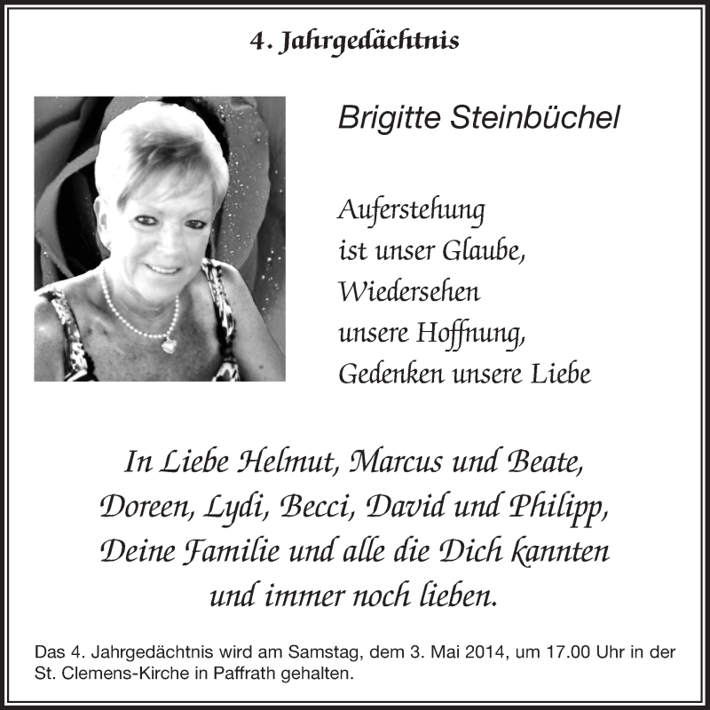 Traueranzeige für Brigitte Steinbüchel vom 16.04.2014 aus  Bergisches Handelsblatt 