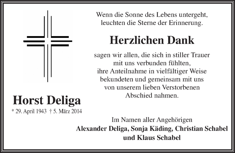  Traueranzeige für Horst Deliga vom 19.04.2014 aus  Leverkusener Wochenende 