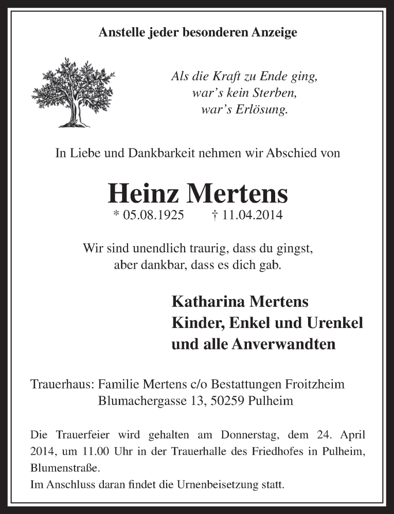  Traueranzeige für Heinz Mertens vom 16.04.2014 aus  Wochenende 