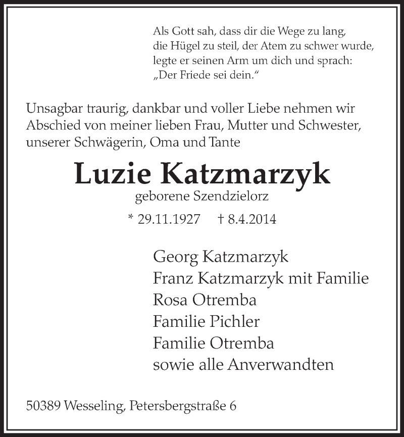  Traueranzeige für Luzie Katzmarzyk vom 16.04.2014 aus  Schlossbote/Werbekurier 