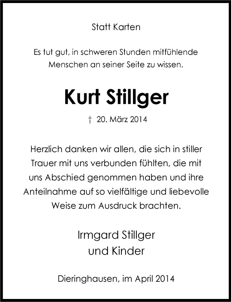  Traueranzeige für Kurt Stillger vom 16.04.2014 aus  Anzeigen Echo 