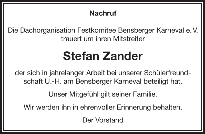  Traueranzeige für Stefan Zander vom 19.04.2014 aus  Bergisches Sonntagsblatt 