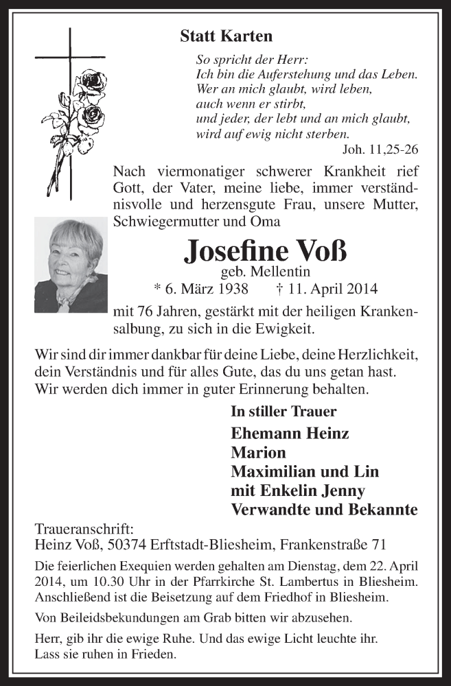  Traueranzeige für Josefine Voß vom 19.04.2014 aus  Sonntags-Post 