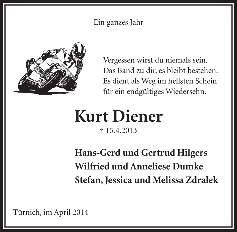  Traueranzeige für Kurt Diener vom 19.04.2014 aus  Sonntags-Post 