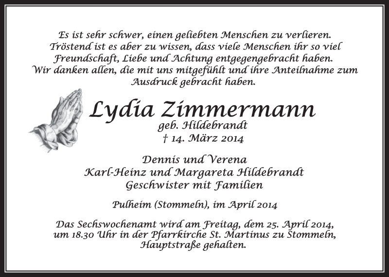  Traueranzeige für Lydia Zimmermann vom 19.04.2014 aus  Sonntags-Post 