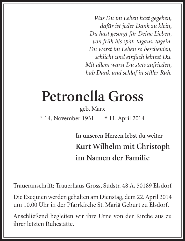  Traueranzeige für Petronella Gross vom 19.04.2014 aus  Sonntags-Post 