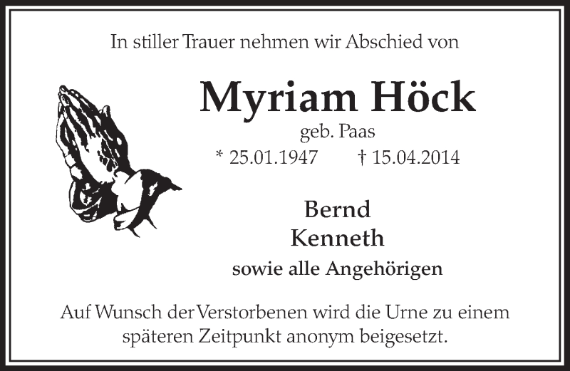  Traueranzeige für Myriam Höck vom 19.04.2014 aus  Sonntags-Post 