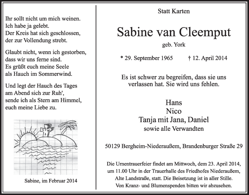  Traueranzeige für Sabine van Cleemput vom 19.04.2014 aus  Sonntags-Post 