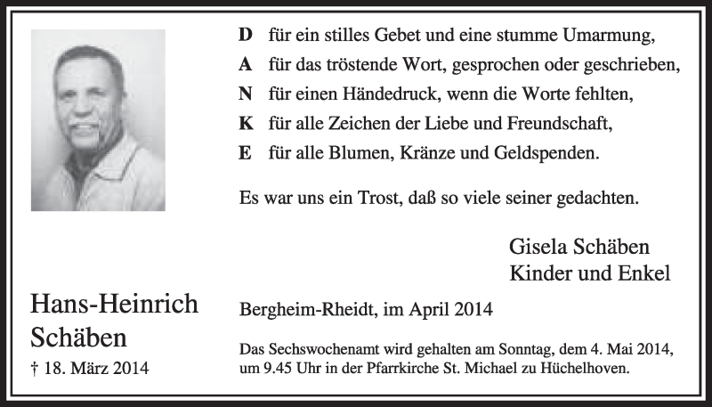  Traueranzeige für Hans-Heinrich Schäben vom 19.04.2014 aus  Sonntags-Post 