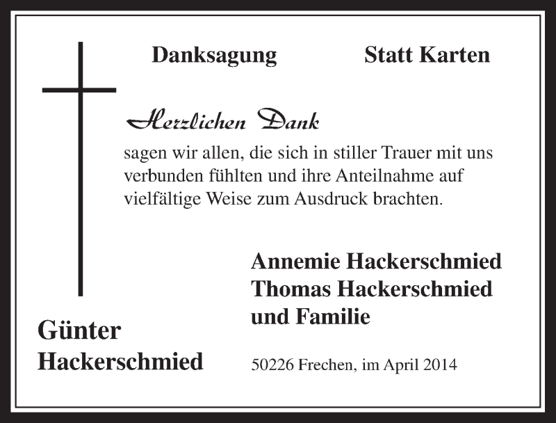  Traueranzeige für Günter Hackerschmied vom 19.04.2014 aus  Sonntags-Post 
