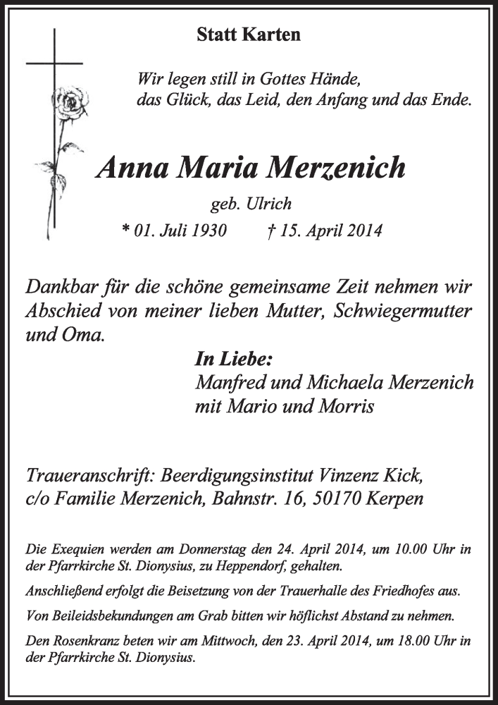  Traueranzeige für Anna Maria Merzenich vom 19.04.2014 aus  Sonntags-Post 