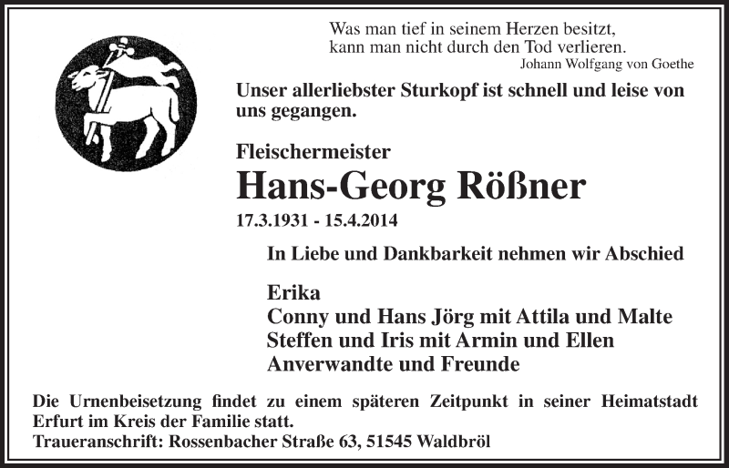  Traueranzeige für Hans-Georg Rößner vom 23.04.2014 aus  Lokalanzeiger 