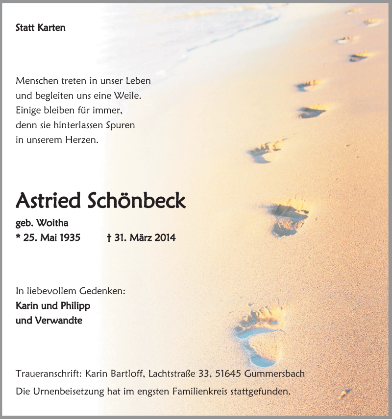  Traueranzeige für Astried Schönbeck vom 23.04.2014 aus  Anzeigen Echo 