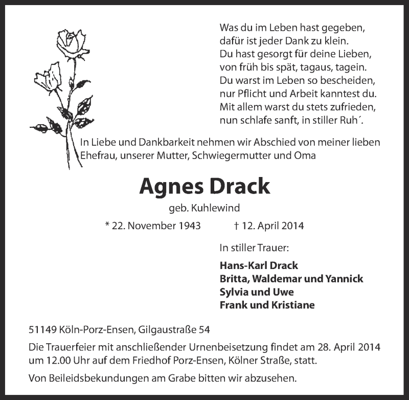  Traueranzeige für Agnes Drack vom 23.04.2014 aus  Kölner Wochenspiegel 