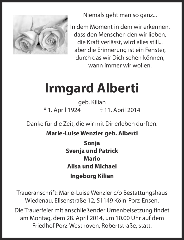  Traueranzeige für Irmgard Alberti vom 23.04.2014 aus  Kölner Wochenspiegel 