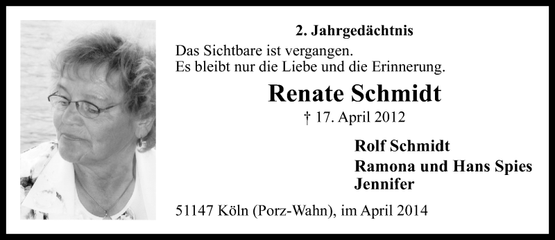  Traueranzeige für Renate Schmidt vom 23.04.2014 aus  Kölner Wochenspiegel 