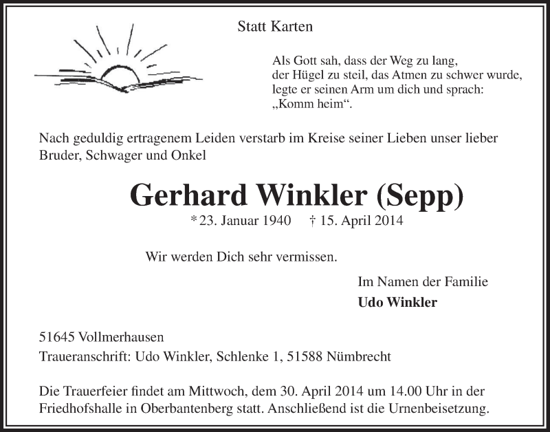  Traueranzeige für Gerhard Winkler vom 23.04.2014 aus  Anzeigen Echo 