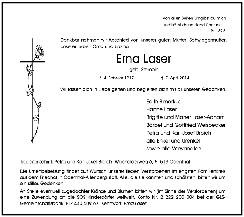  Traueranzeige für Erna Laser vom 23.04.2014 aus  Anzeigen Echo 
