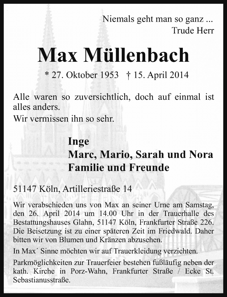  Traueranzeige für Max Müllenbach vom 23.04.2014 aus  Kölner Wochenspiegel 