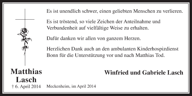  Traueranzeige für Matthias Lasch vom 23.04.2014 aus  Schaufenster/Blickpunkt 