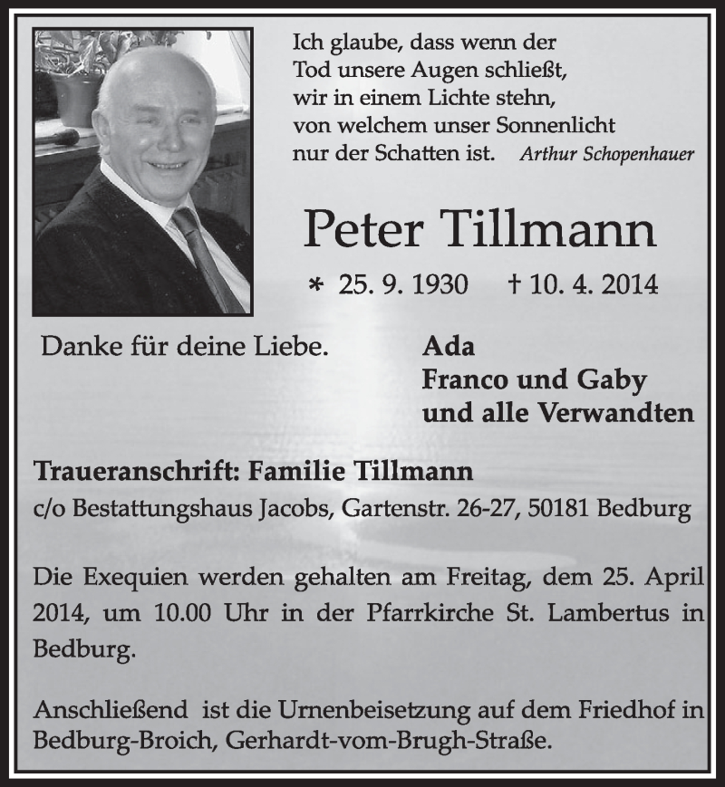  Traueranzeige für Peter Tillmann vom 19.04.2014 aus  Sonntags-Post 