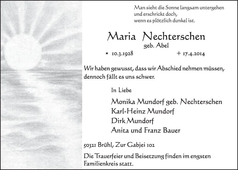  Traueranzeige für Maria Nechterschen vom 23.04.2014 aus  Schlossbote/Werbekurier 