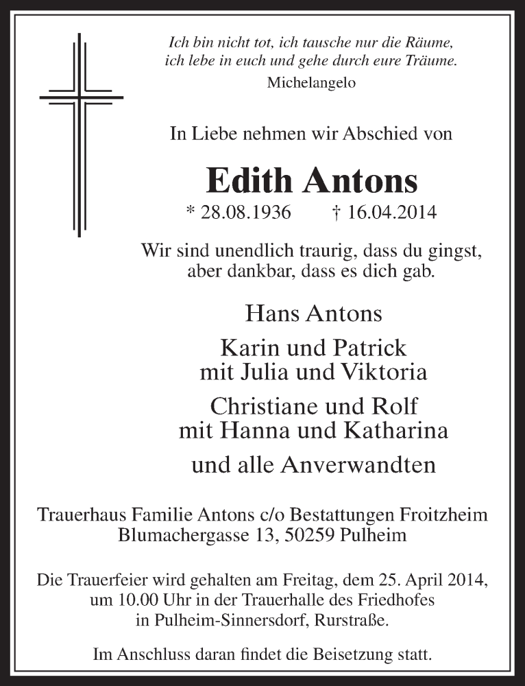  Traueranzeige für Edith Antons vom 23.04.2014 aus  Wochenende 