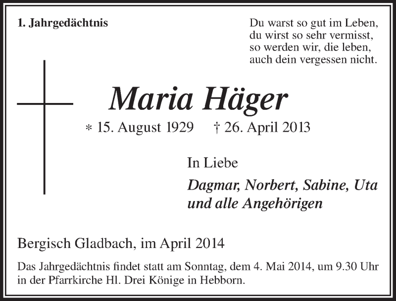 Traueranzeige für Maria Häger vom 23.04.2014 aus  Bergisches Handelsblatt 