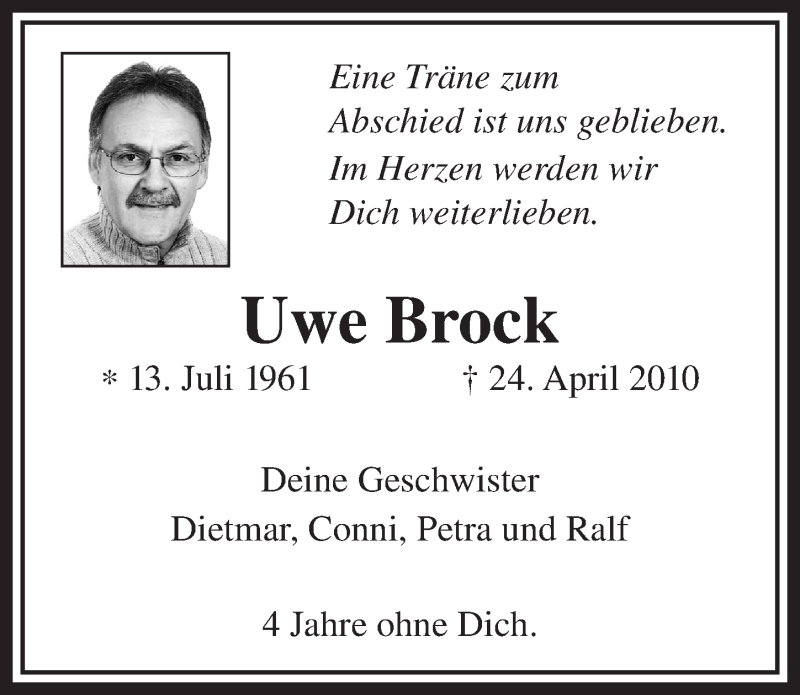  Traueranzeige für Uwe Brock vom 23.04.2014 aus  Anzeigen Echo 