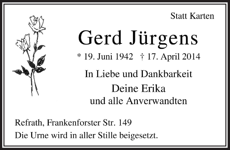  Traueranzeige für Gerd Jürgens vom 23.04.2014 aus  Bergisches Handelsblatt 