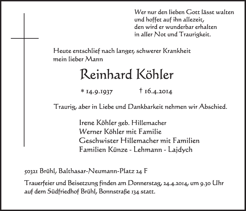  Traueranzeige für Reinhard Köhter vom 23.04.2014 aus  Schlossbote/Werbekurier 