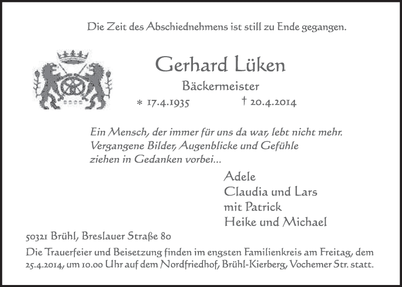  Traueranzeige für Gerhard Lüken vom 23.04.2014 aus  Schlossbote/Werbekurier 
