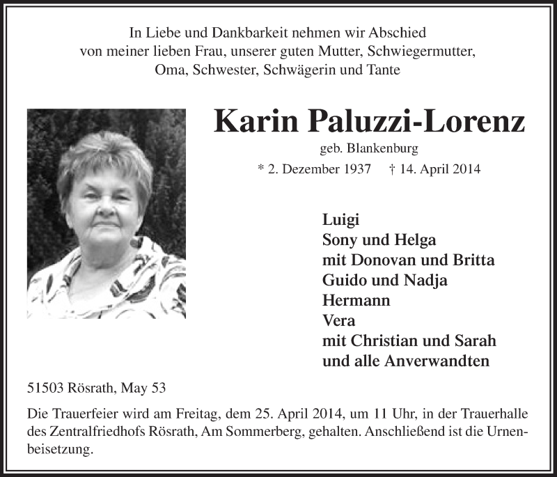  Traueranzeige für Karin Paluzzi-Lorenz vom 23.04.2014 aus  Bergisches Handelsblatt 