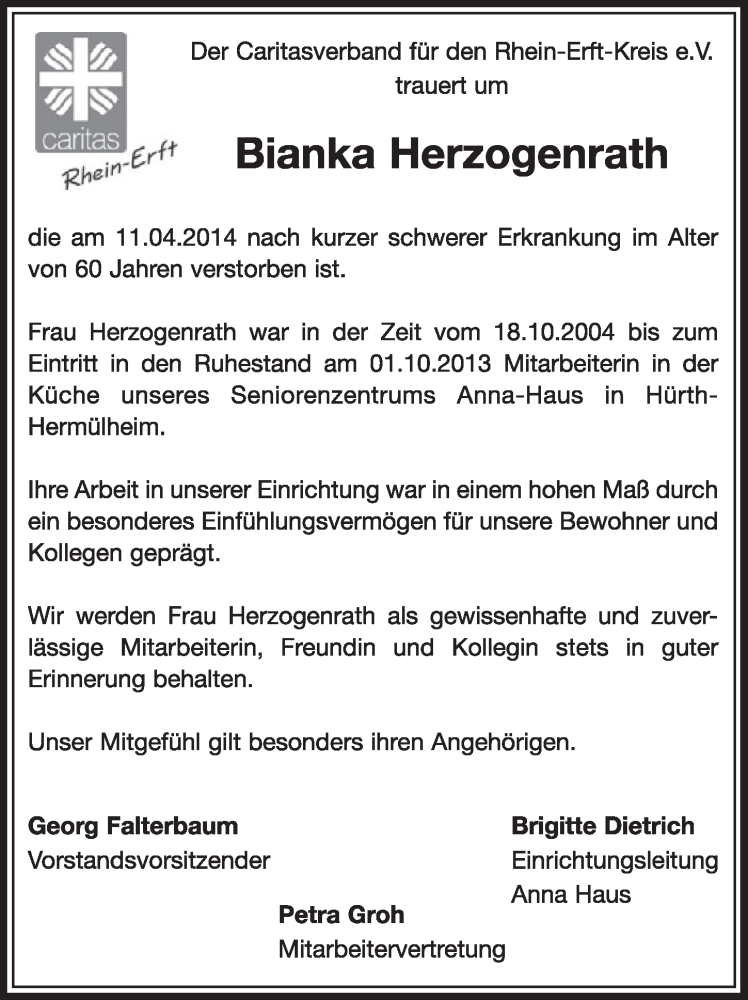  Traueranzeige für Bianka Herzogenrath vom 26.04.2014 aus  Sonntags-Post 