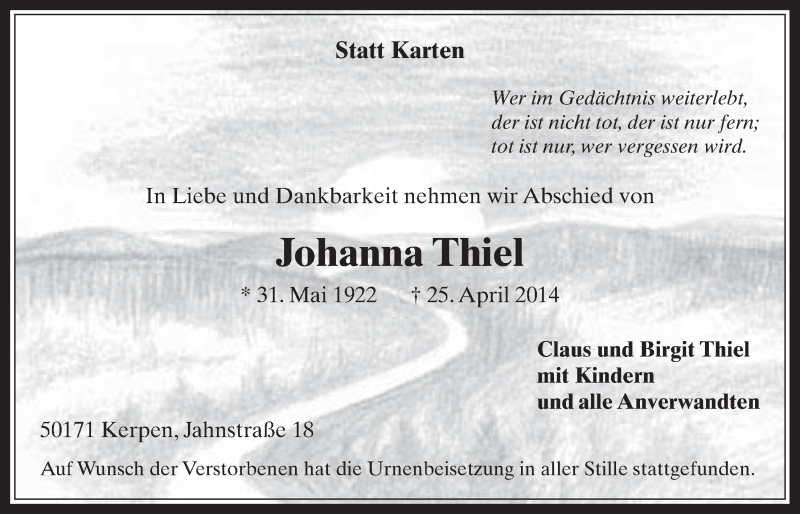  Traueranzeige für Johanna Thiel vom 07.05.2014 aus  Werbepost 