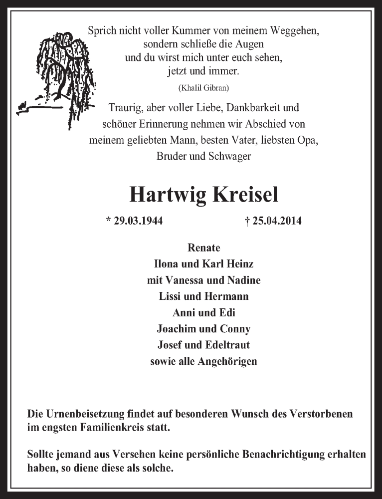  Traueranzeige für Hartwig Kreisel vom 07.05.2014 aus  Werbepost 