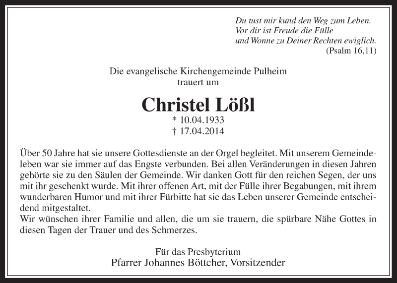  Traueranzeige für Christel Lößl vom 07.05.2014 aus  Wochenende 