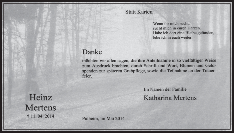  Traueranzeige für Heinz Mertens vom 10.05.2014 aus  Sonntags-Post 
