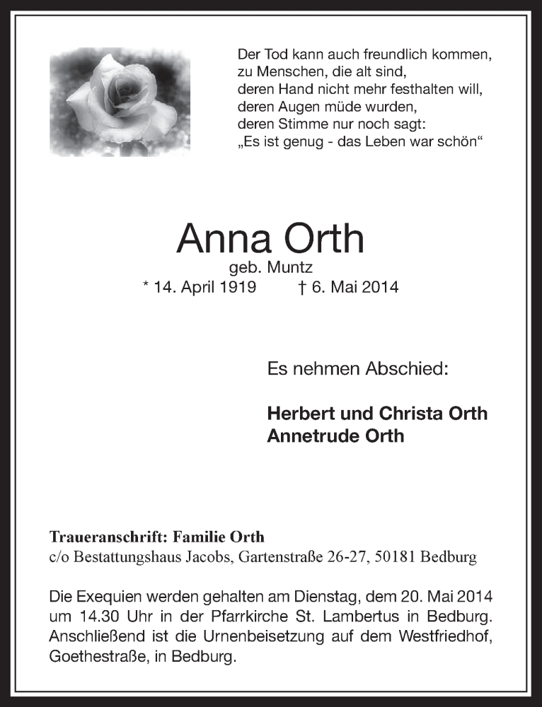  Traueranzeige für Anna Orth vom 14.05.2014 aus  Werbepost 