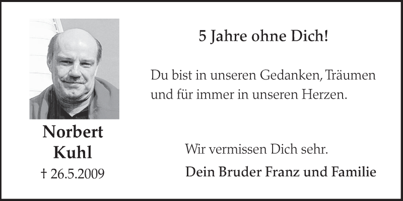  Traueranzeige für Norbert Kuhl vom 21.05.2014 aus  Schlossbote/Werbekurier 