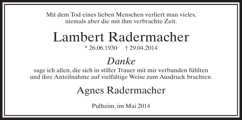  Traueranzeige für Lambert Radermacher vom 17.05.2014 aus  Sonntags-Post 