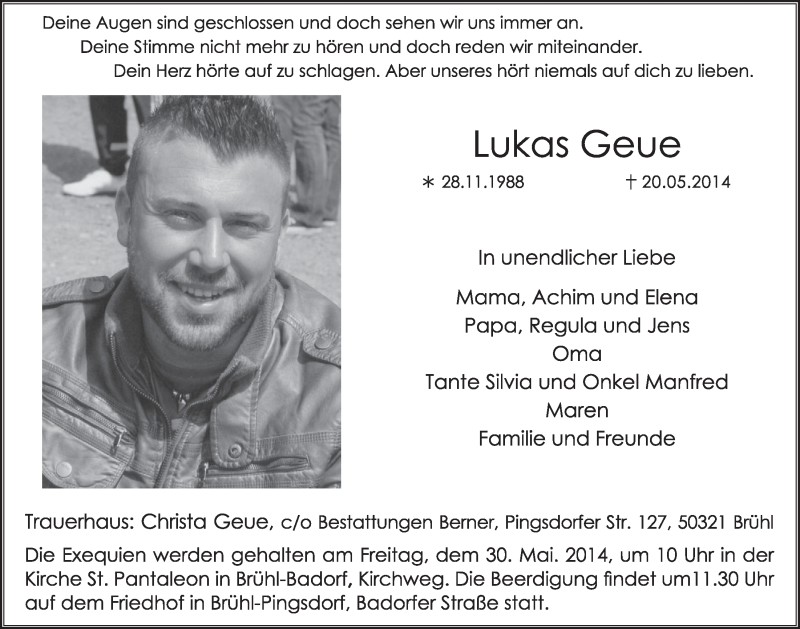  Traueranzeige für Lukas Geue vom 28.05.2014 aus  Schlossbote/Werbekurier 