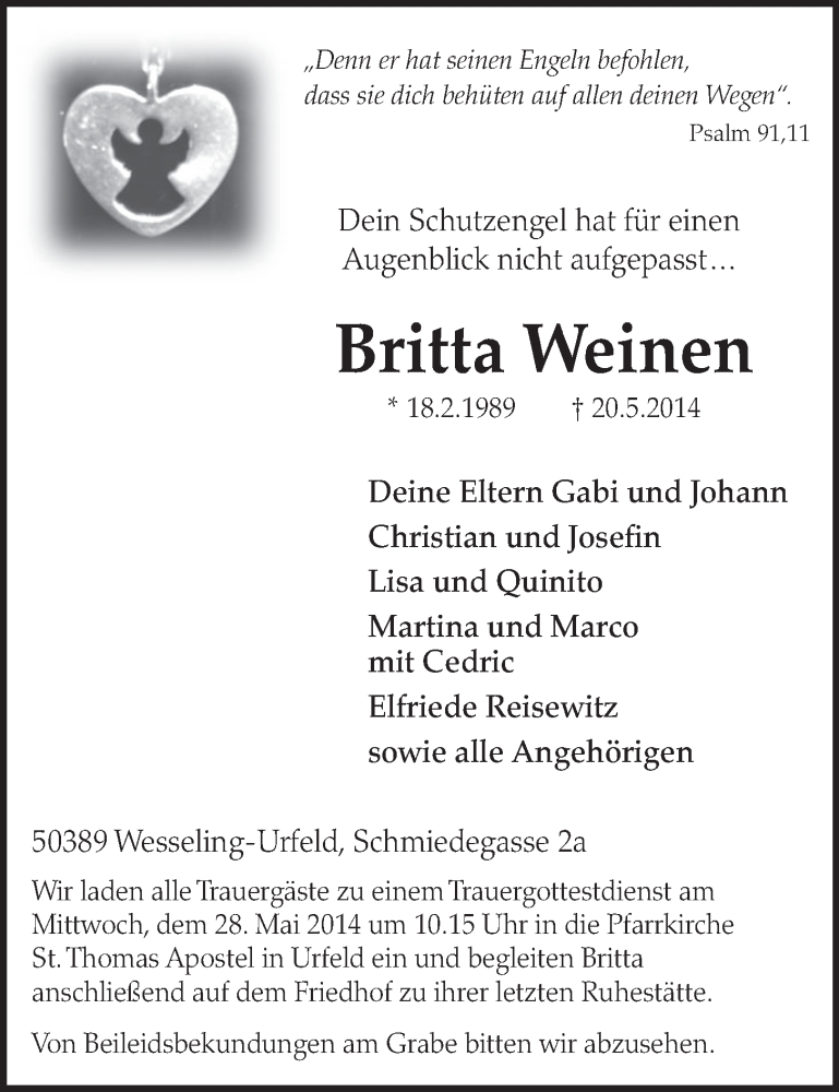  Traueranzeige für Britta Weinen vom 28.05.2014 aus  Schlossbote/Werbekurier 