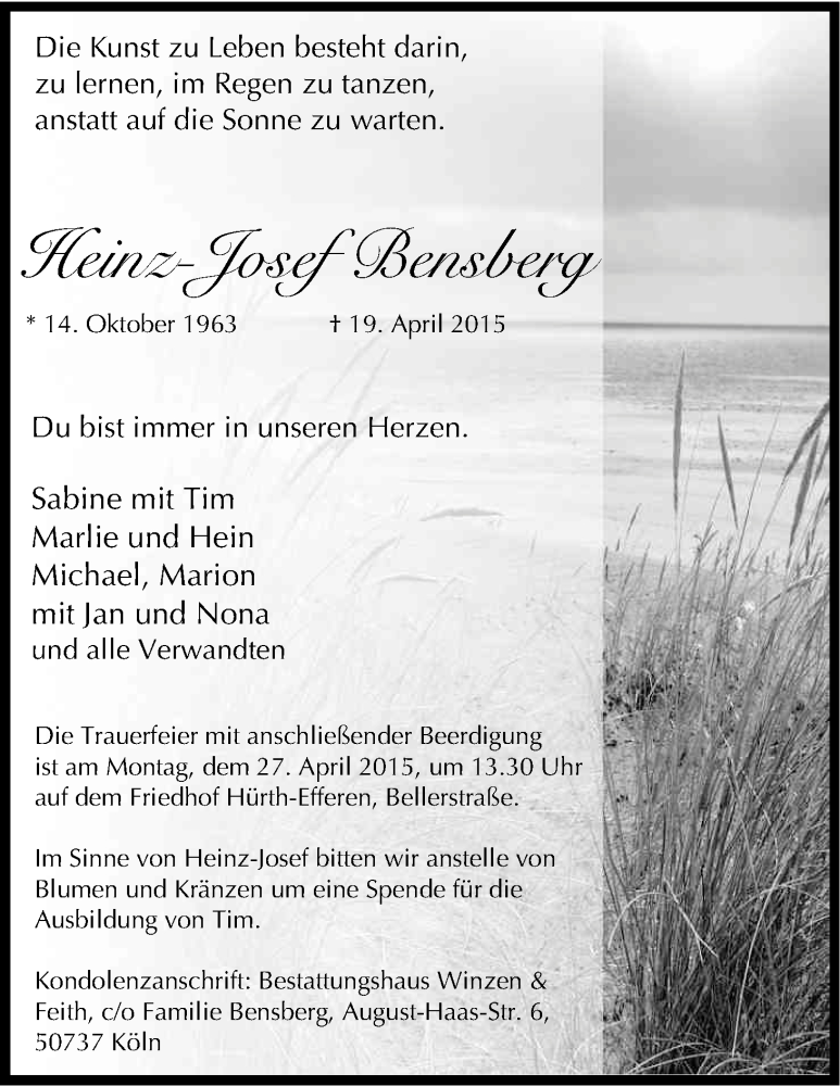  Traueranzeige für Heinz-Josef Bensberg vom 22.04.2015 aus Kölner Stadt-Anzeiger / Kölnische Rundschau / Express